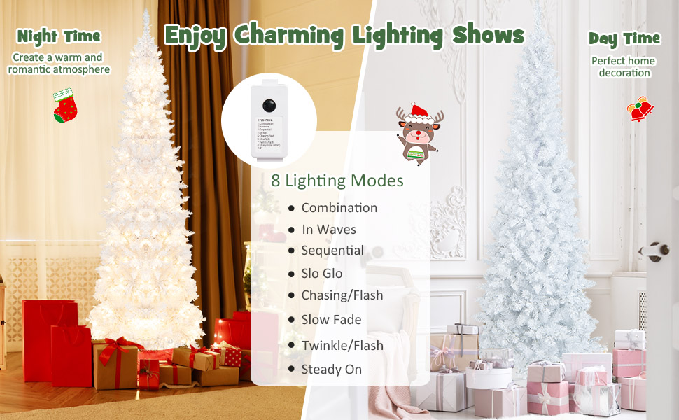7 Feet Pre-Lit Hinged Pencil Christmas Tree White with 300 LED Lights and 8 Flash Modes